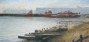 Jane Herbert ~ "Tugs Portland Harbor" ~ Acrylic on Canvas 12" x 24"